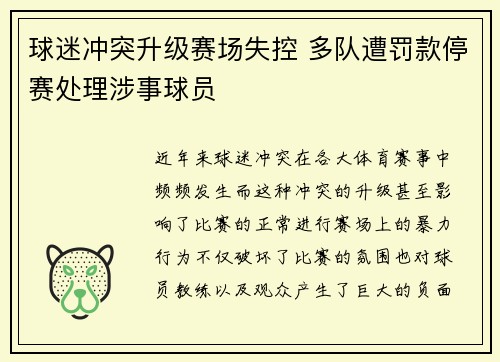 球迷冲突升级赛场失控 多队遭罚款停赛处理涉事球员