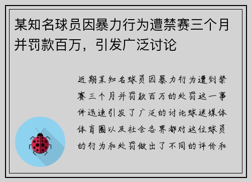 某知名球员因暴力行为遭禁赛三个月并罚款百万，引发广泛讨论