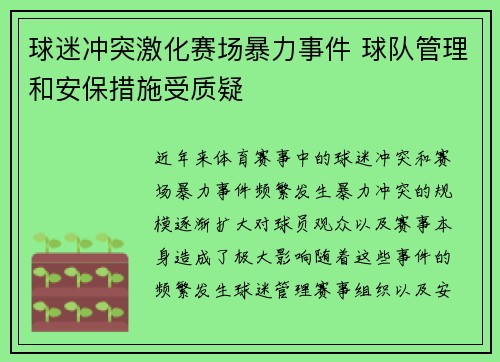 球迷冲突激化赛场暴力事件 球队管理和安保措施受质疑