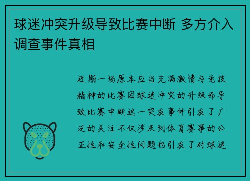 球迷冲突升级导致比赛中断 多方介入调查事件真相